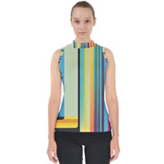 Colorful Rainbow Striped Pattern Stripes Background Mock Neck Shell Top by Ket1n9