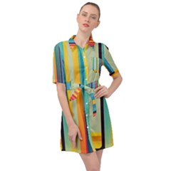 Colorful Rainbow Striped Pattern Stripes Background Belted Shirt Dress by Ket1n9