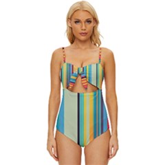 Colorful Rainbow Striped Pattern Stripes Background Knot Front One-piece Swimsuit by Ket1n9