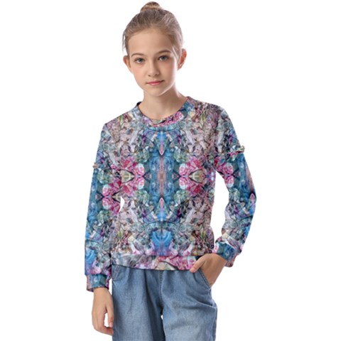 Turquoise Arabesque Kids  Long Sleeve T-shirt With Frill  by kaleidomarblingart