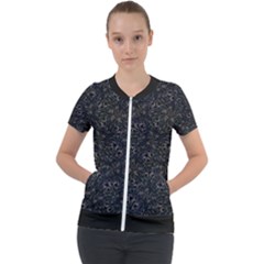 Midnight Blossom Elegance Black Backgrond Short Sleeve Zip Up Jacket by dflcprintsclothing