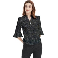 Midnight Blossom Elegance Black Backgrond Loose Horn Sleeve Chiffon Blouse