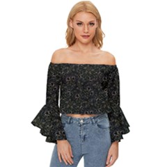 Midnight Blossom Elegance Black Backgrond Off Shoulder Flutter Bell Sleeve Top by dflcprintsclothing