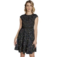 Midnight Blossom Elegance Black Backgrond Cap Sleeve High Waist Dress by dflcprintsclothing