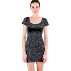 Midnight Blossom Elegance Black Backgrond Short Sleeve Bodycon Dress by dflcprintsclothing