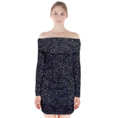 Midnight Blossom Elegance Black Backgrond Long Sleeve Off Shoulder Dress by dflcprintsclothing