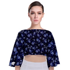 Stylized Floral Intricate Pattern Design Black Backgrond Tie Back Butterfly Sleeve Chiffon Top by dflcprintsclothing