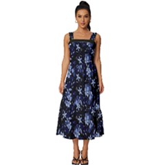 Stylized Floral Intricate Pattern Design Black Backgrond Square Neckline Tiered Midi Dress by dflcprintsclothing