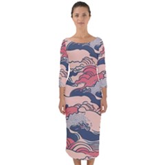 Waves Ocean Sea Water Pattern Rough Seas Digital Art Nature Nautical Quarter Sleeve Midi Bodycon Dress by Bedest