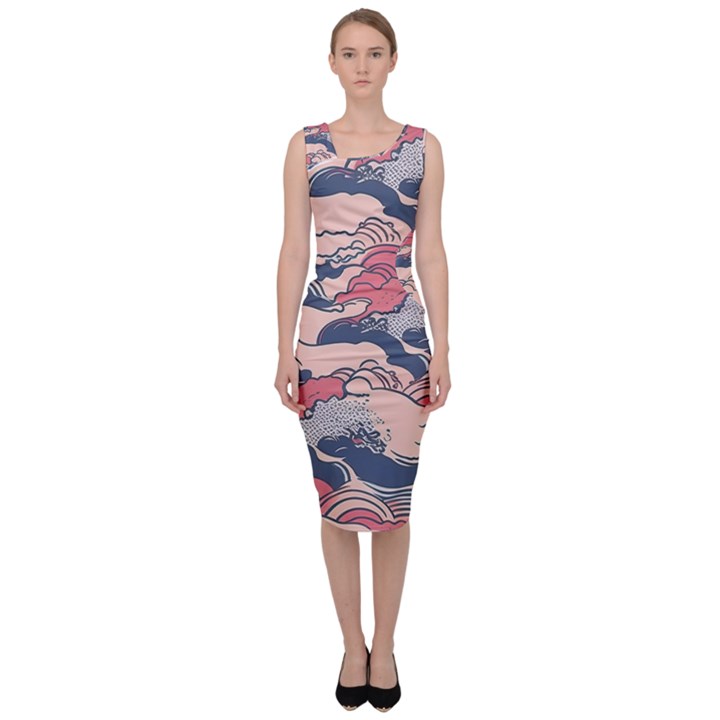 Waves Ocean Sea Water Pattern Rough Seas Digital Art Nature Nautical Sleeveless Pencil Dress