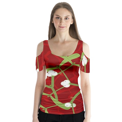 Mistletoe Christmas Texture Advent Butterfly Sleeve Cutout T-shirt  by Hannah976