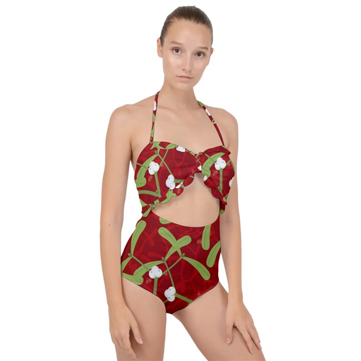 Mistletoe Christmas Texture Advent Scallop Top Cut Out Swimsuit