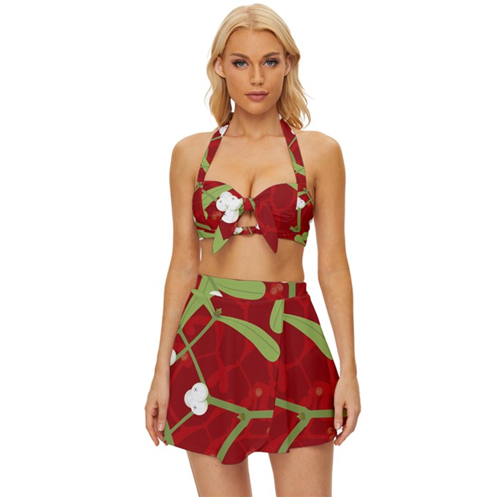 Mistletoe Christmas Texture Advent Vintage Style Bikini Top and Skirt Set 