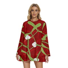 Mistletoe Christmas Texture Advent Round Neck Long Sleeve Bohemian Style Chiffon Mini Dress