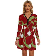 Mistletoe Christmas Texture Advent Long Sleeve Deep V Mini Dress 