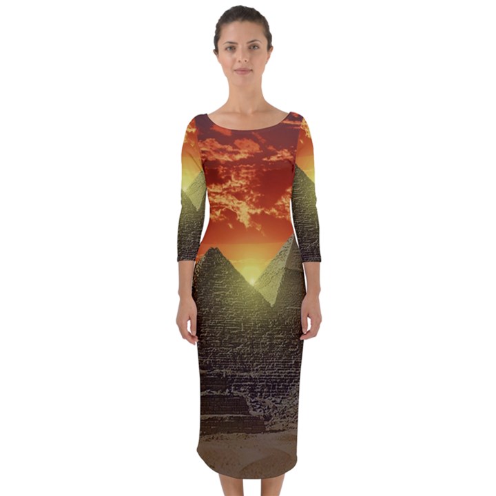 Pyramids Egypt Monument Landmark Sunrise Sunset Egyptian Quarter Sleeve Midi Bodycon Dress