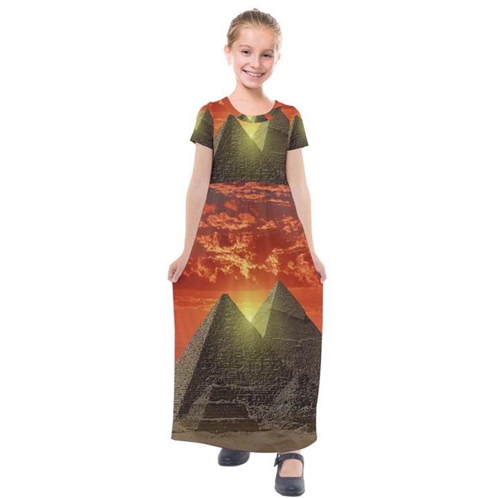 Pyramids Egypt Monument Landmark Sunrise Sunset Egyptian Kids  Short Sleeve Maxi Dress