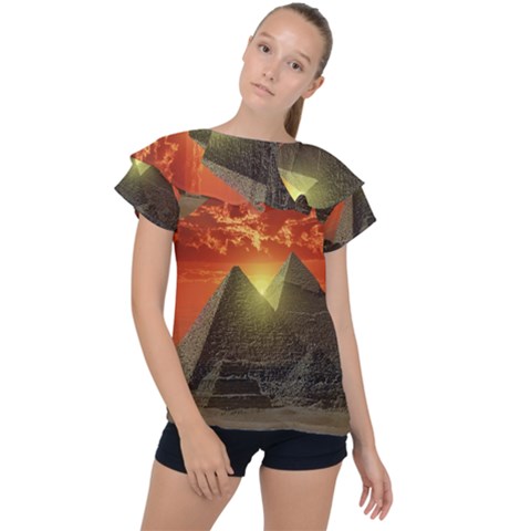 Pyramids Egypt Monument Landmark Sunrise Sunset Egyptian Ruffle Collar Chiffon Blouse by Proyonanggan