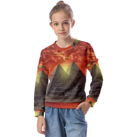 Pyramids Egypt Monument Landmark Sunrise Sunset Egyptian Kids  Long Sleeve T-shirt With Frill  by Proyonanggan