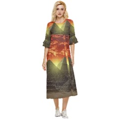 Pyramids Egypt Monument Landmark Sunrise Sunset Egyptian Double Cuff Midi Dress by Proyonanggan