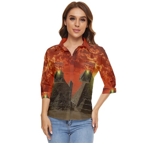 Pyramids Egypt Monument Landmark Sunrise Sunset Egyptian Women s Quarter Sleeve Pocket Shirt by Proyonanggan