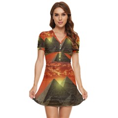 Pyramids Egypt Monument Landmark Sunrise Sunset Egyptian V-neck High Waist Chiffon Mini Dress by Proyonanggan