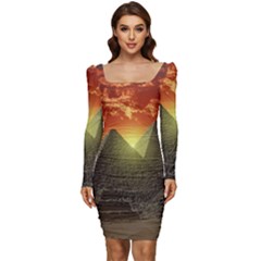 Pyramids Egypt Monument Landmark Sunrise Sunset Egyptian Women Long Sleeve Ruched Stretch Jersey Dress by Proyonanggan