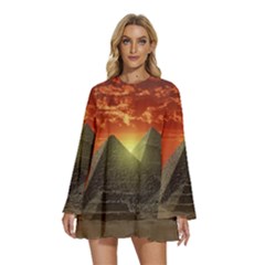 Pyramids Egypt Monument Landmark Sunrise Sunset Egyptian Round Neck Long Sleeve Bohemian Style Chiffon Mini Dress by Proyonanggan