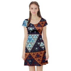 Fractal Triangle Geometric Abstract Pattern Short Sleeve Skater Dress by Cemarart