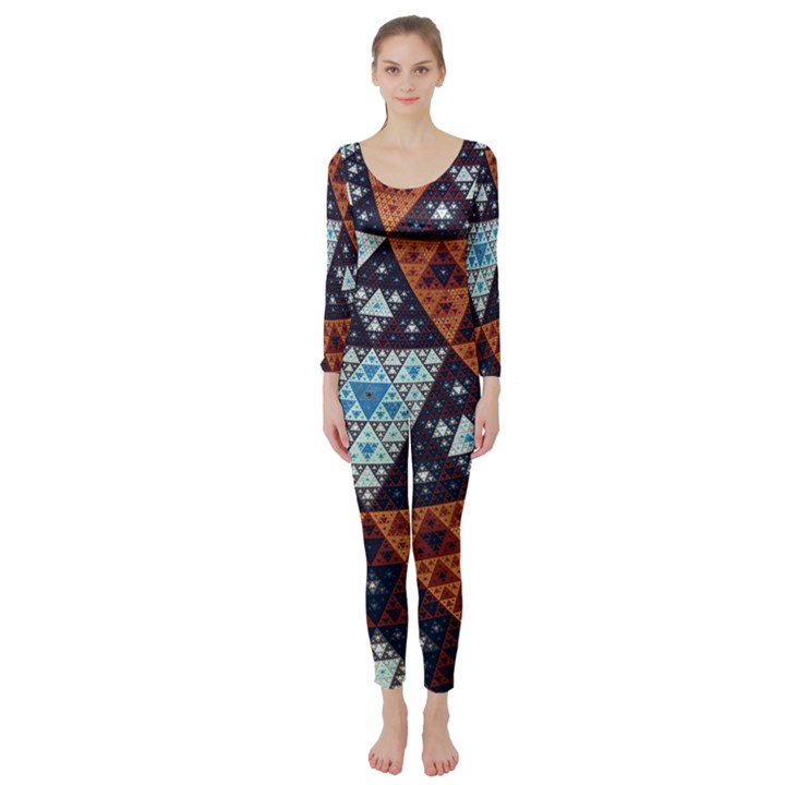 Fractal Triangle Geometric Abstract Pattern Long Sleeve Catsuit