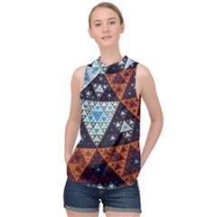 Fractal Triangle Geometric Abstract Pattern High Neck Satin Top by Cemarart