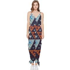 Fractal Triangle Geometric Abstract Pattern Sleeveless Tie Ankle Chiffon Jumpsuit by Cemarart