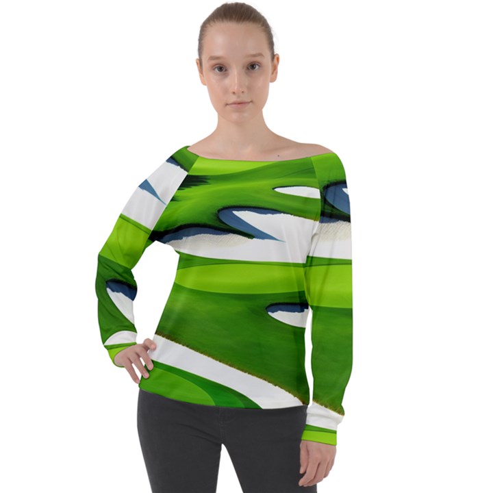 Golf Course Par Green Off Shoulder Long Sleeve Velour Top