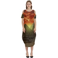 Pyramids Egypt Monument Landmark Sunrise Sunset Egyptian Cold Shoulder Loose Fit Dress With Pockets by Proyonanggan