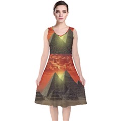 Pyramids Egypt Monument Landmark Sunrise Sunset Egyptian V-neck Midi Sleeveless Dress  by Proyonanggan