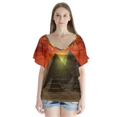 Pyramids Egypt Monument Landmark Sunrise Sunset Egyptian V-neck Flutter Sleeve Top by Proyonanggan