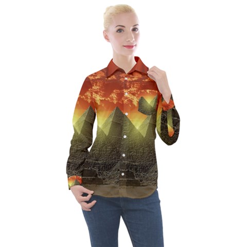 Pyramids Egypt Monument Landmark Sunrise Sunset Egyptian Women s Long Sleeve Pocket Shirt by Proyonanggan