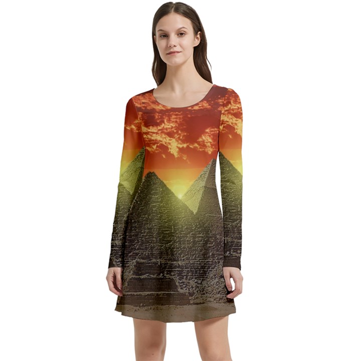 Pyramids Egypt Monument Landmark Sunrise Sunset Egyptian Long Sleeve Velour Skater Dress