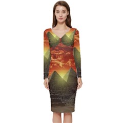 Pyramids Egypt Monument Landmark Sunrise Sunset Egyptian Long Sleeve V-neck Bodycon Dress  by Proyonanggan