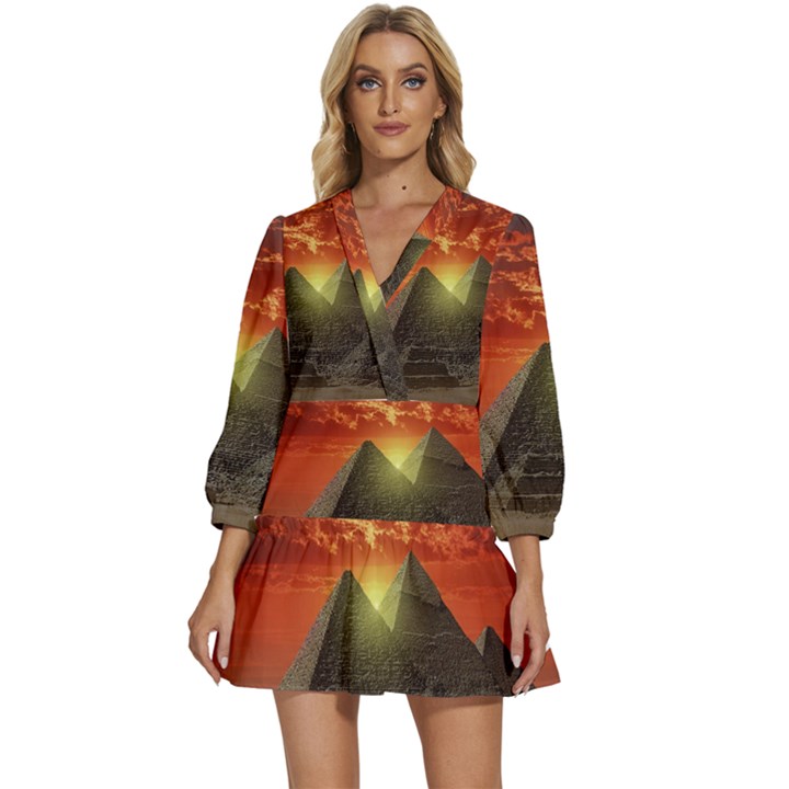 Pyramids Egypt Monument Landmark Sunrise Sunset Egyptian V-Neck Placket Mini Dress