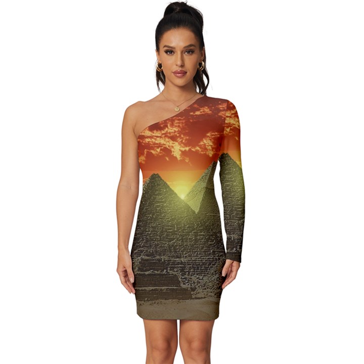 Pyramids Egypt Monument Landmark Sunrise Sunset Egyptian Long Sleeve One Shoulder Mini Dress