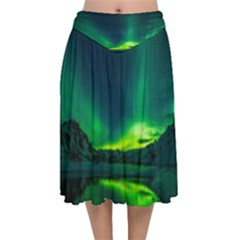 Iceland Aurora Borealis Velvet Flared Midi Skirt