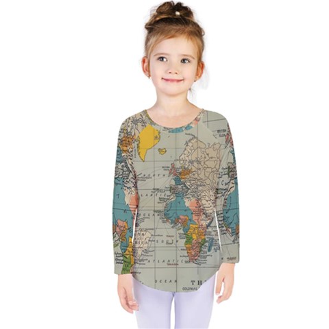 Vintage World Map Kids  Long Sleeve T-shirt by Proyonanggan