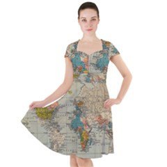 Vintage World Map Cap Sleeve Midi Dress With Pockets