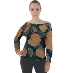 Flower Patterns Pattern Beige Green Off Shoulder Long Sleeve Velour Top by Proyonanggan