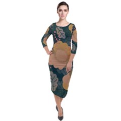 Flower Patterns Pattern Beige Green Quarter Sleeve Midi Velour Bodycon Dress by Proyonanggan