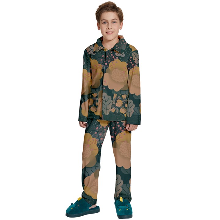 Flower Patterns Pattern Beige Green Kids  Long Sleeve Velvet Pajamas Set