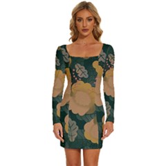 Flower Patterns Pattern Beige Green Long Sleeve Square Neck Bodycon Velvet Dress by Proyonanggan