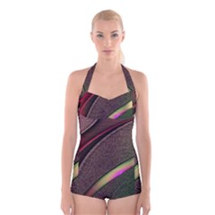 Texture Abstract Curve  Pattern Red Boyleg Halter Swimsuit  by Proyonanggan