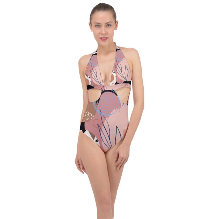 Abstract Boho Bohemian Style Retro Vintage Halter Front Plunge Swimsuit